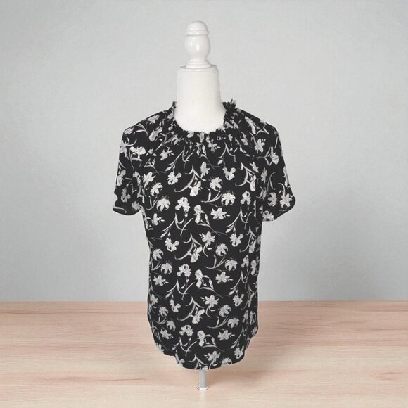 Ann Taylor Floral Swing Top with Flutter Sleeves | Navy Blue | Small - Picture 2 of 6